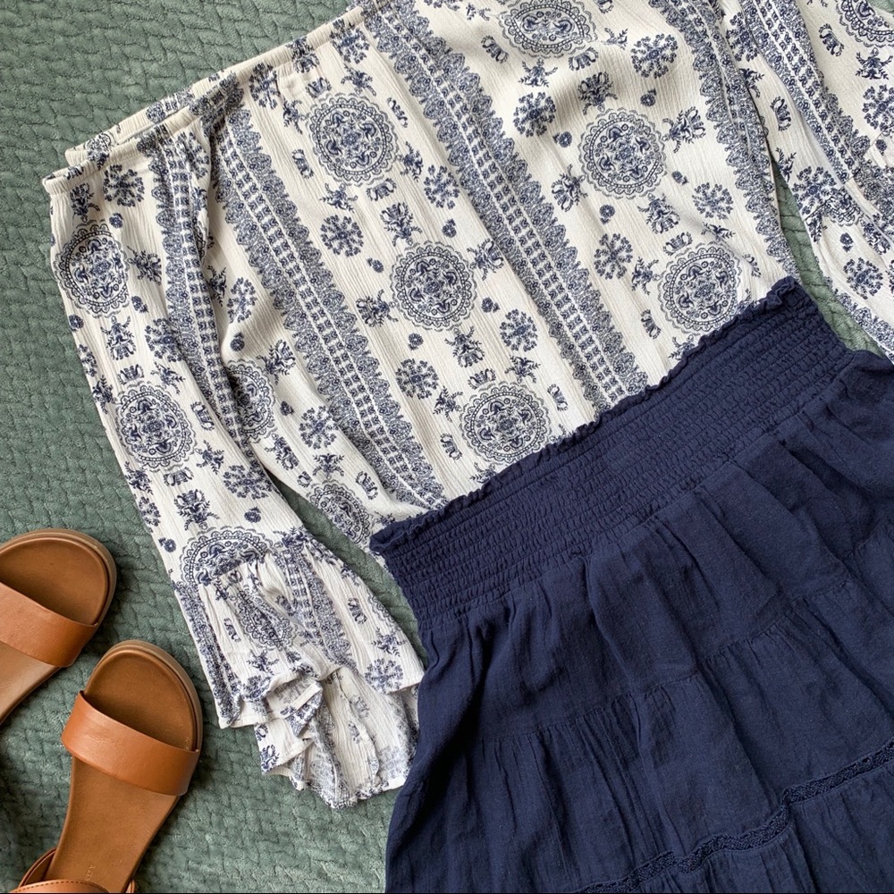 HP ⭐️ Boho Off the Shoulder Blue and White Blouse